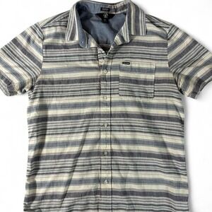 Volcom blue and beige horizontal striped button-up shirt. Men's medium